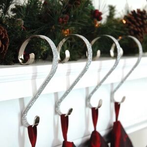 8 Count Christmas Holiday Stocking Scrolls 6” Hangers Holders Silver Glitter